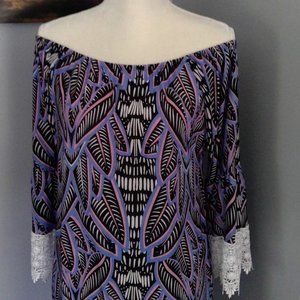size XL Westloop Off the Shoulder Lace Cuff Sleeve Graphic Design Dress
